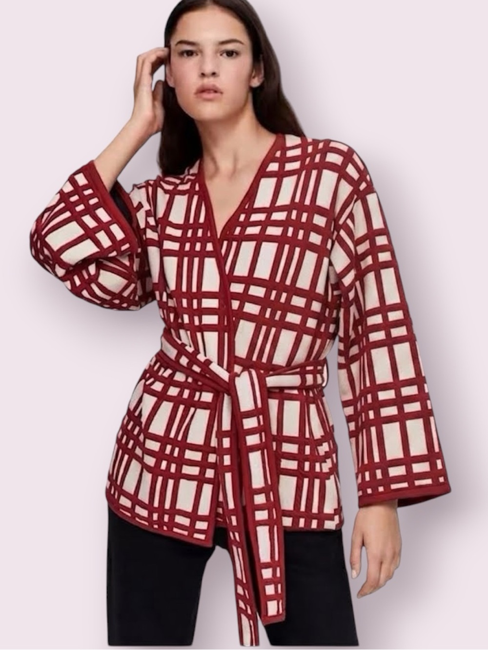 Zara Red & White Check Kimono Belt Wrap Jacket Size Large